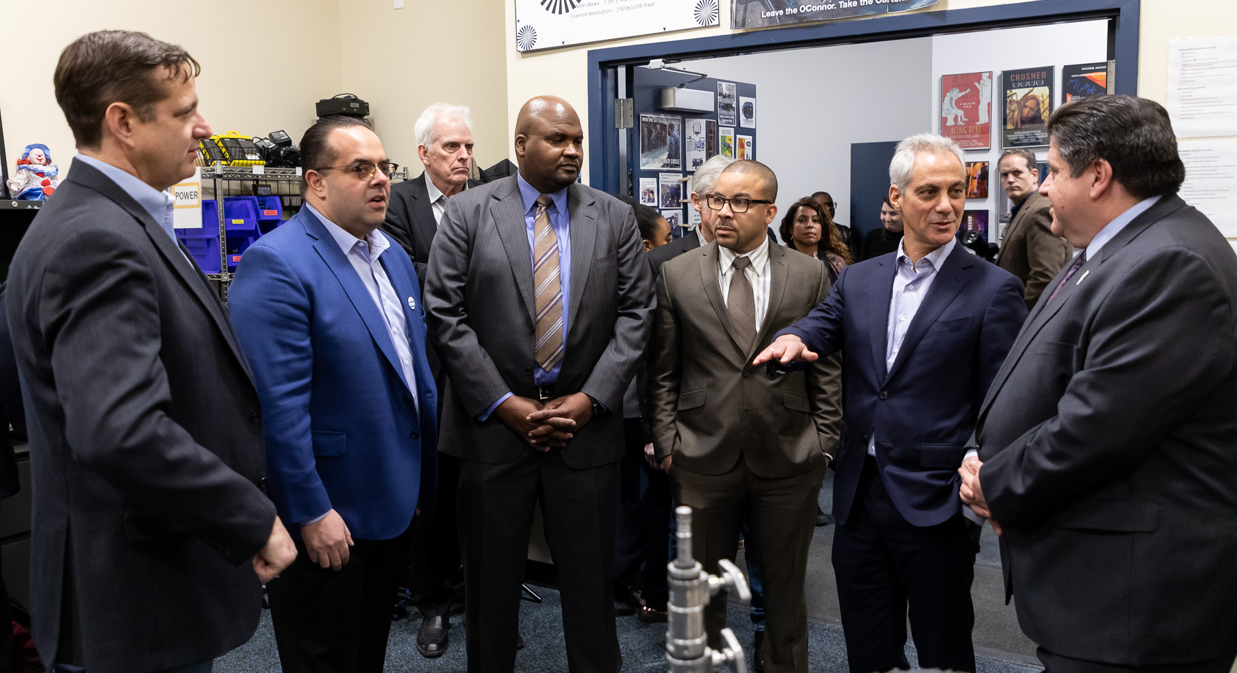Left to right, John Corba, Alex Pissios, Elgie R. Sims, Jr. (D-Chicago), Ald. Michael Scott Jr. (24th), Chicago Mayor Rahm Emanuel and Illinois Governor JB Pritzker visit Cinespace Chicago Film Studios and DePaul University’s School of Cinematic Arts, Thursday, Feb. 28, 2019, to discuss the growth of Illinois’ film, TV and media industry. (DePaul University/Jeff Carrion)